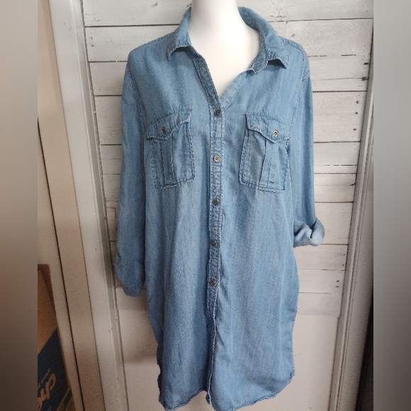 Philosophy Women's Size XL Blue Denim Long Shirt Dress Roll Tab Sleeve Pockets - Picture 1 of 15